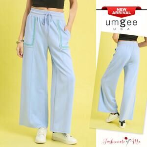 Umgee Drawstring Waistband Scallop Trim Detail Pockets Wide Leg Pants | Ice Blue